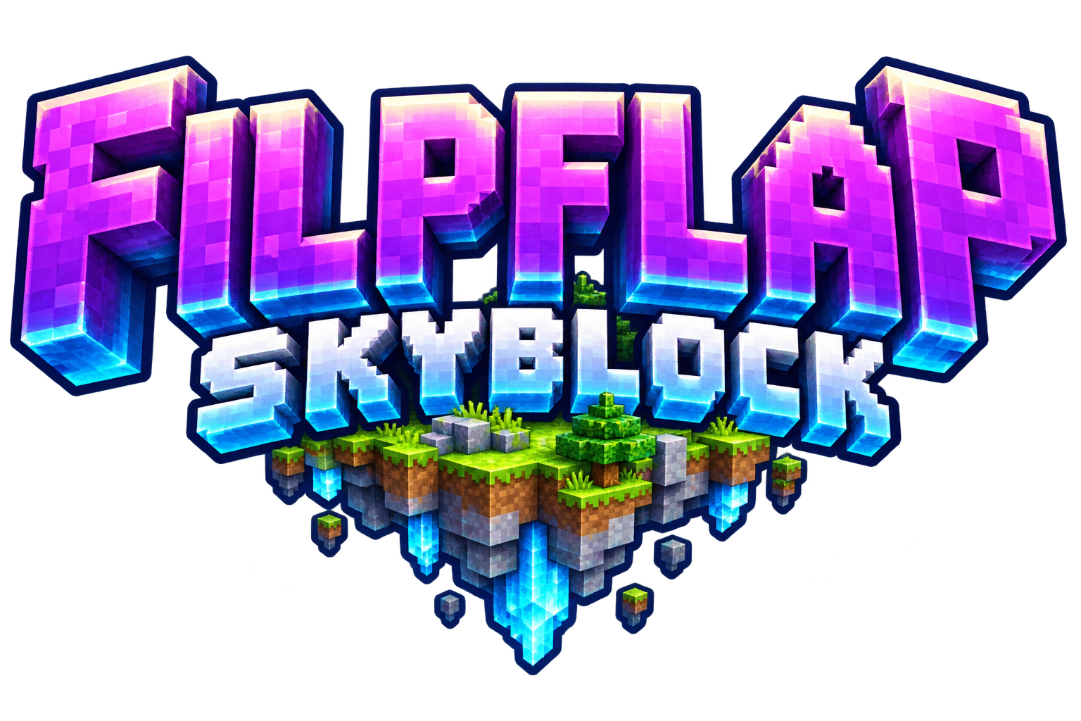 Kolorowe logo FILPFLAP SkyBlock nad latającą wyspą